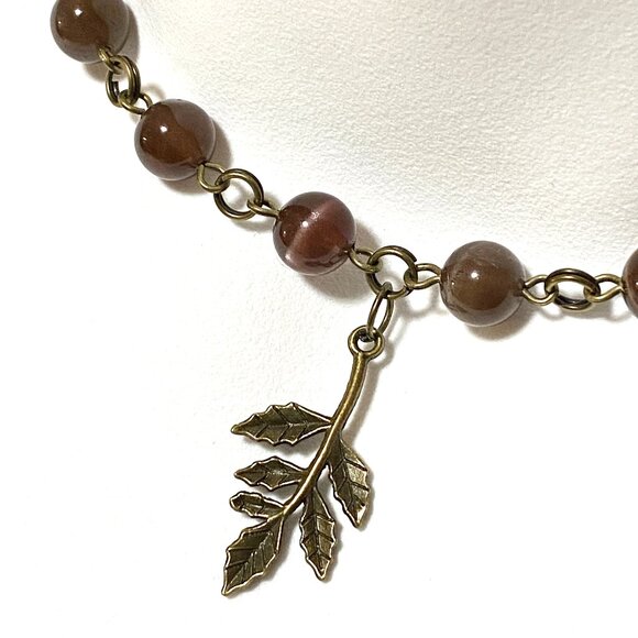 Cute Purple Cat's Eye Bronze Leaf Branch Pendant Adjustable Choker - Picture 1 of 14